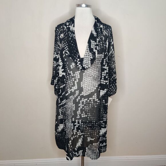 Focus 2000 Tunic Top Black White Sheer Cowl Neck - Picture 1 of 8